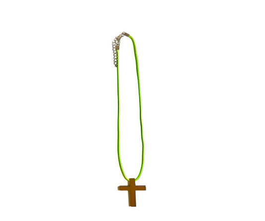 18" LIME GREEN necklace/ natural wood cross pendant