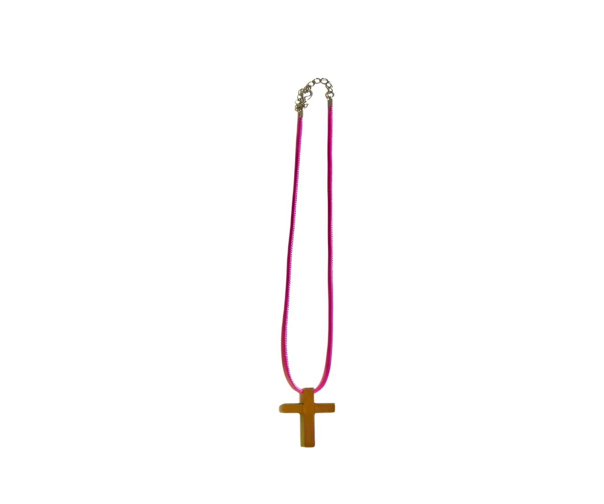 18" HOT PINK necklace/ natural wood cross pendant