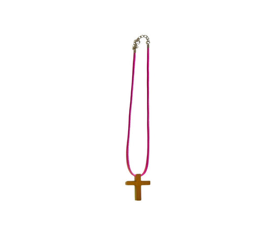 18" HOT PINK necklace/ natural wood cross pendant