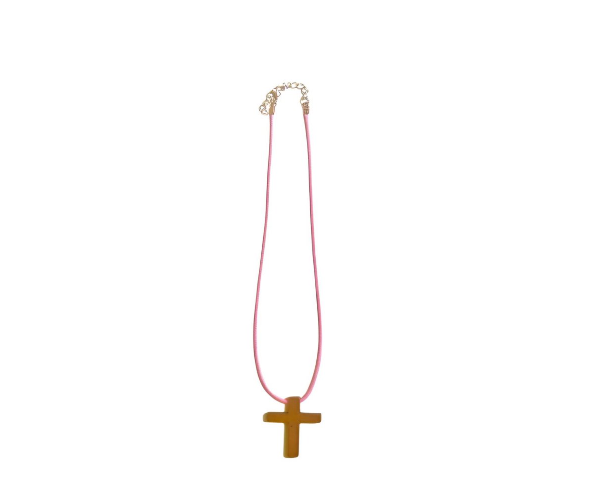 18" LIGHT PINK necklace/ natural wood cross pendant