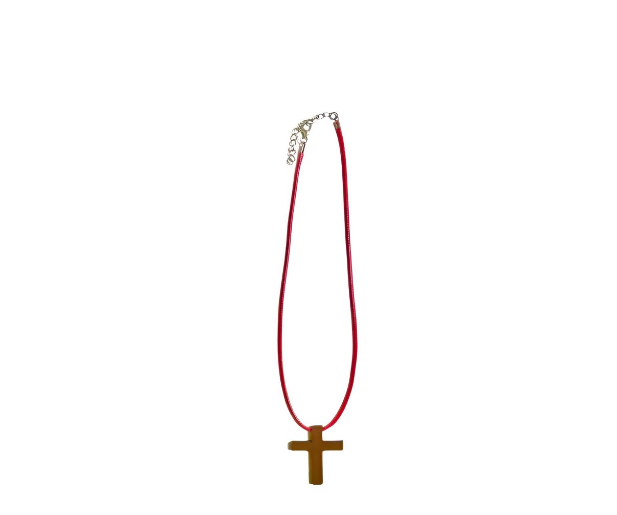 18" RED necklace/ natural wood cross pendant