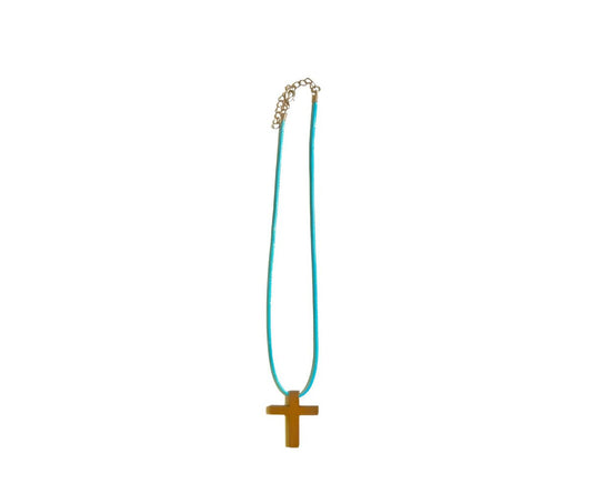 18" SKY BLUE necklace/ natural wood cross pendant