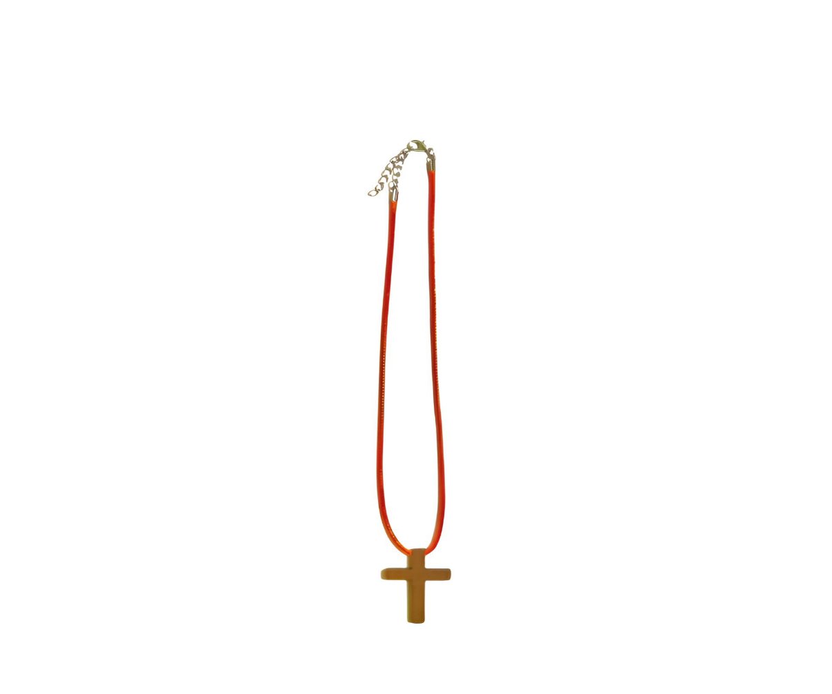 18" ORANGE necklace/ natural wood cross pendant