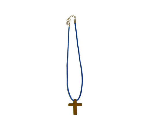 18" BLUE necklace/ natural wood cross pendant