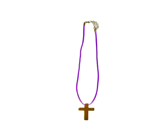 18" PURPLE necklace/ natural wood cross pendant